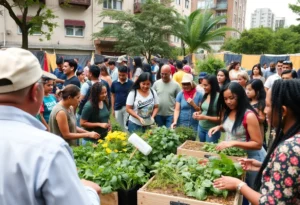 Neighbors collaborating in a community farming initiative to reduce social isolation.