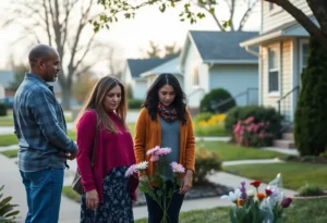 Neighborhood scene showing flowers in memory of a child