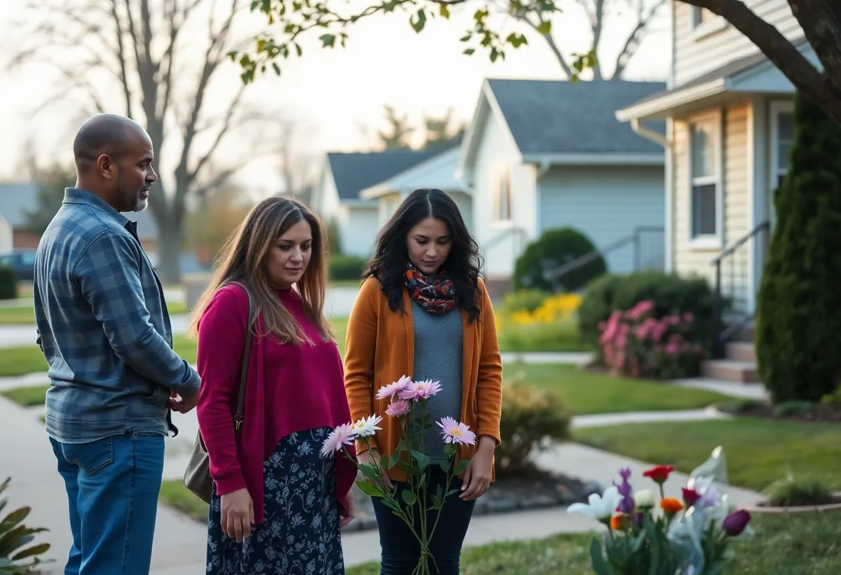 Neighborhood scene showing flowers in memory of a child