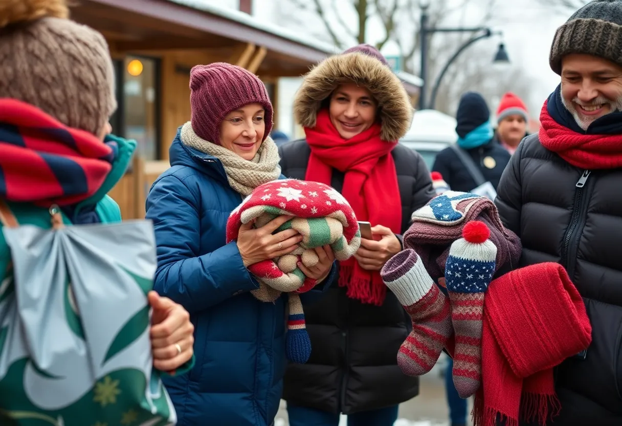Volunteers distributing warm supplies to vulnerable residents in San Antonio during winter.