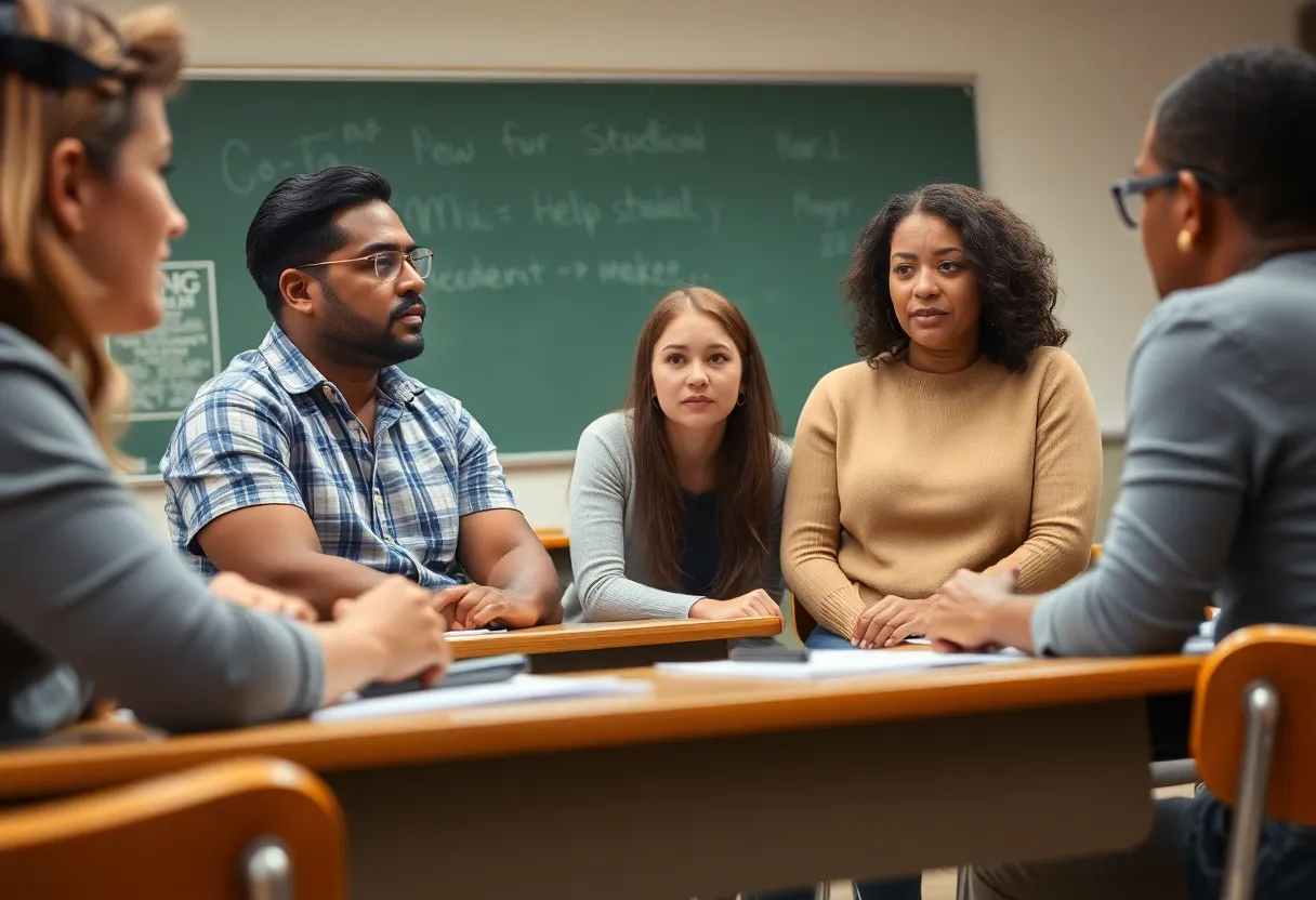 Parents discussing concerns about student safety in a classroom.