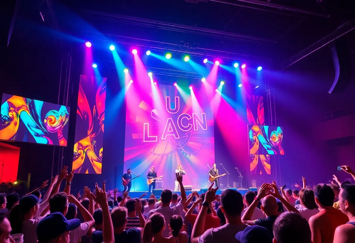 Audience enjoying a concert with vibrant lights and musical instruments.