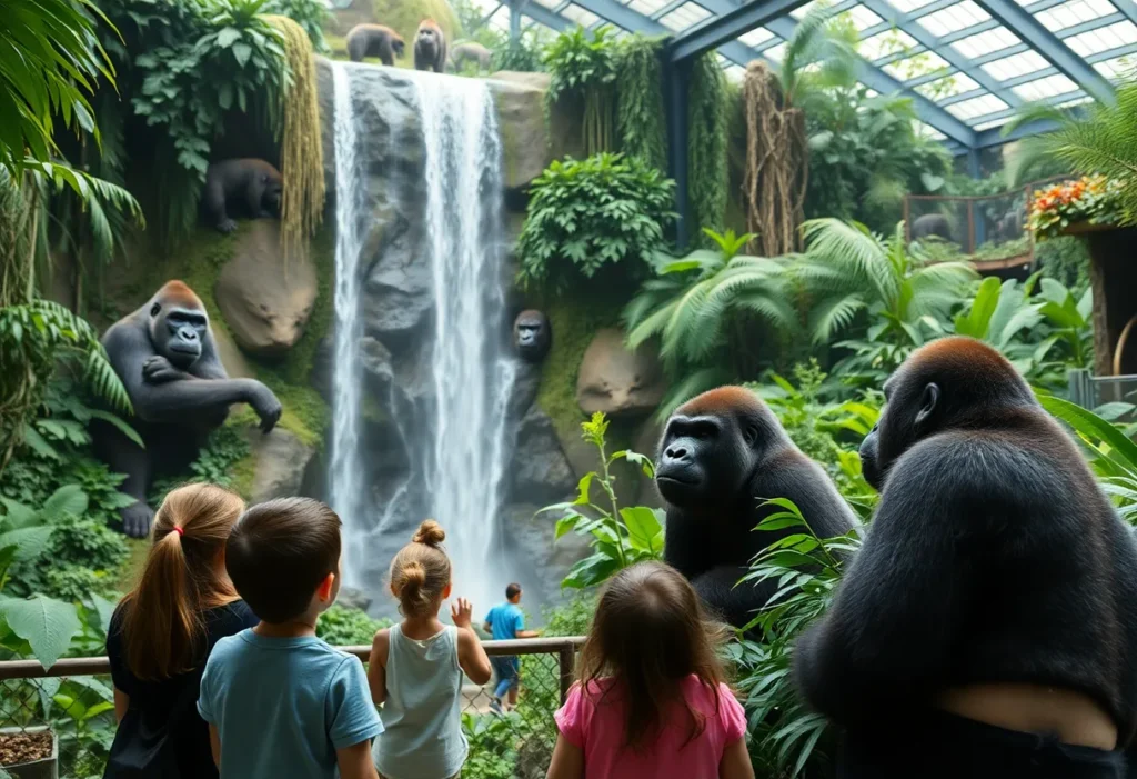 Families enjoying the Congo Falls exhibit with gorillas at the San Antonio Zoo