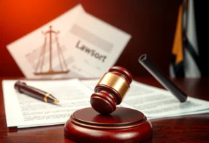 A courtroom with a gavel and legal documents representing a lawsuit