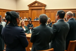 A courtroom scene depicting legal discussions and community support.