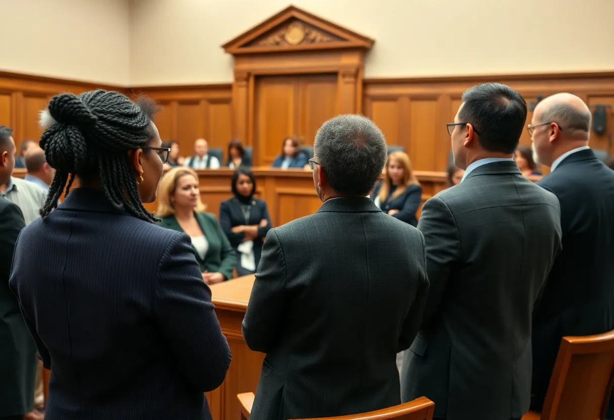 A courtroom scene depicting legal discussions and community support.