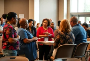 Community members discussing energy plans at CPS Energy forum