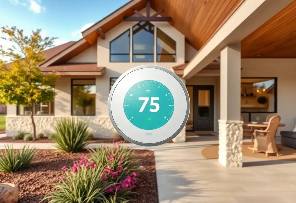 A smart thermostat in a modern living room promoting energy conservation.