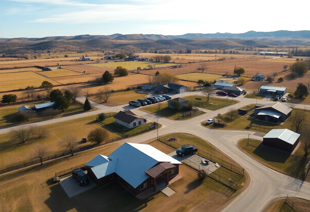 Scenic view of Dale, Texas with rolling hills and community homes.