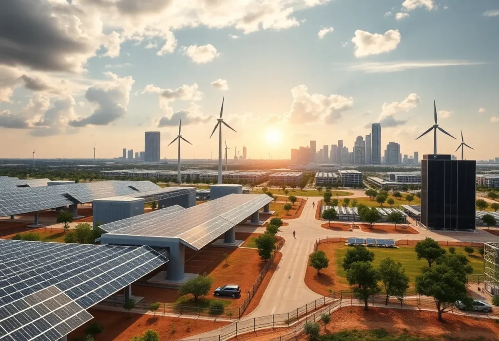 A modern data center surrounded by green energy solutions in Texas.