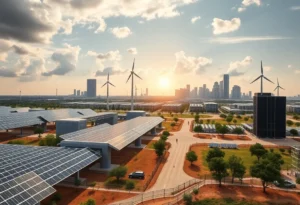 A modern data center surrounded by green energy solutions in Texas.