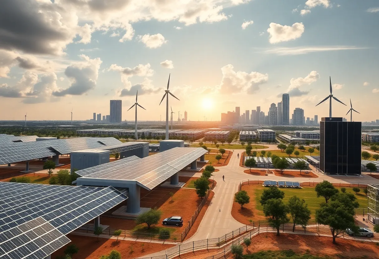 A modern data center surrounded by green energy solutions in Texas.
