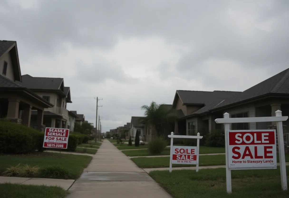A row of for sale signs in front of homes in Texas reflecting declining home values