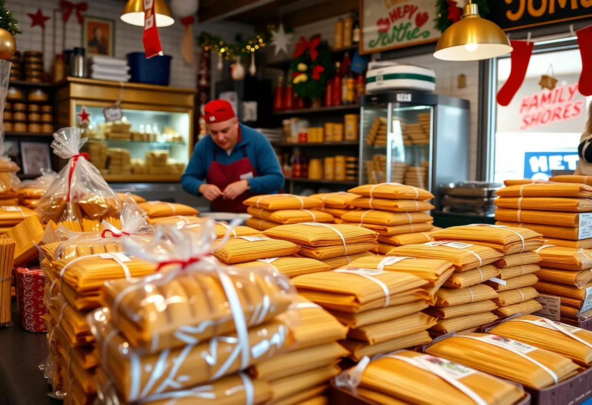 Tamales being prepared in a kitchen during the holiday season.