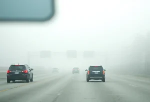 Vehicles navigating through dense fog on San Antonio highways.