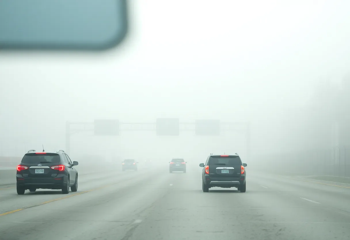 Vehicles navigating through dense fog on San Antonio highways.
