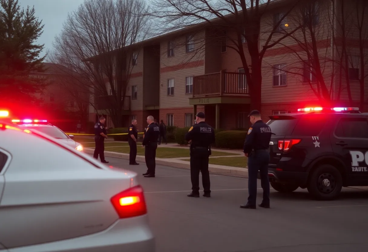 Law enforcement officers at an apartment complex after a shooting incident