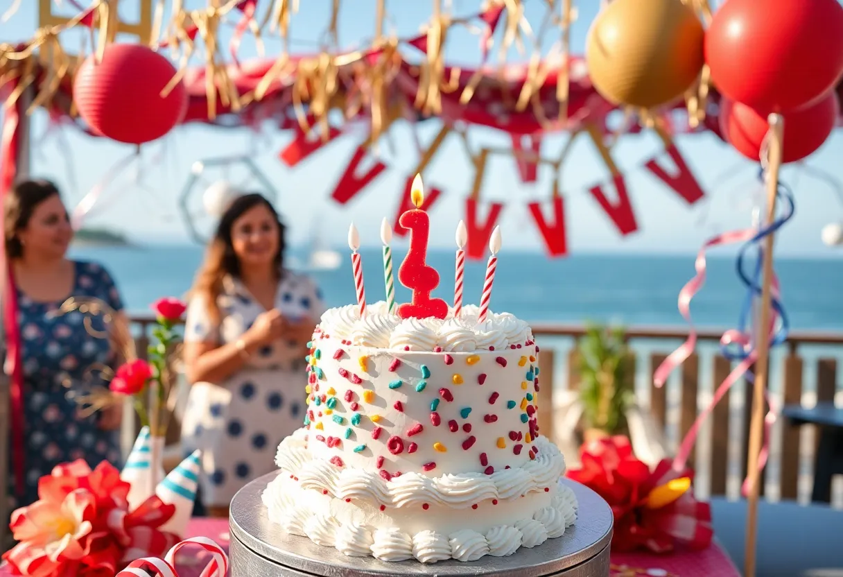 A birthday celebration scene with a cake and decorations
