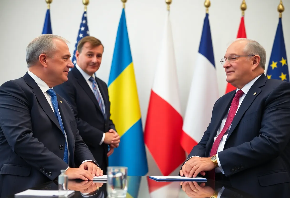 Leaders discussing U.S.-mediated peace plan with flags of Ukraine and France.