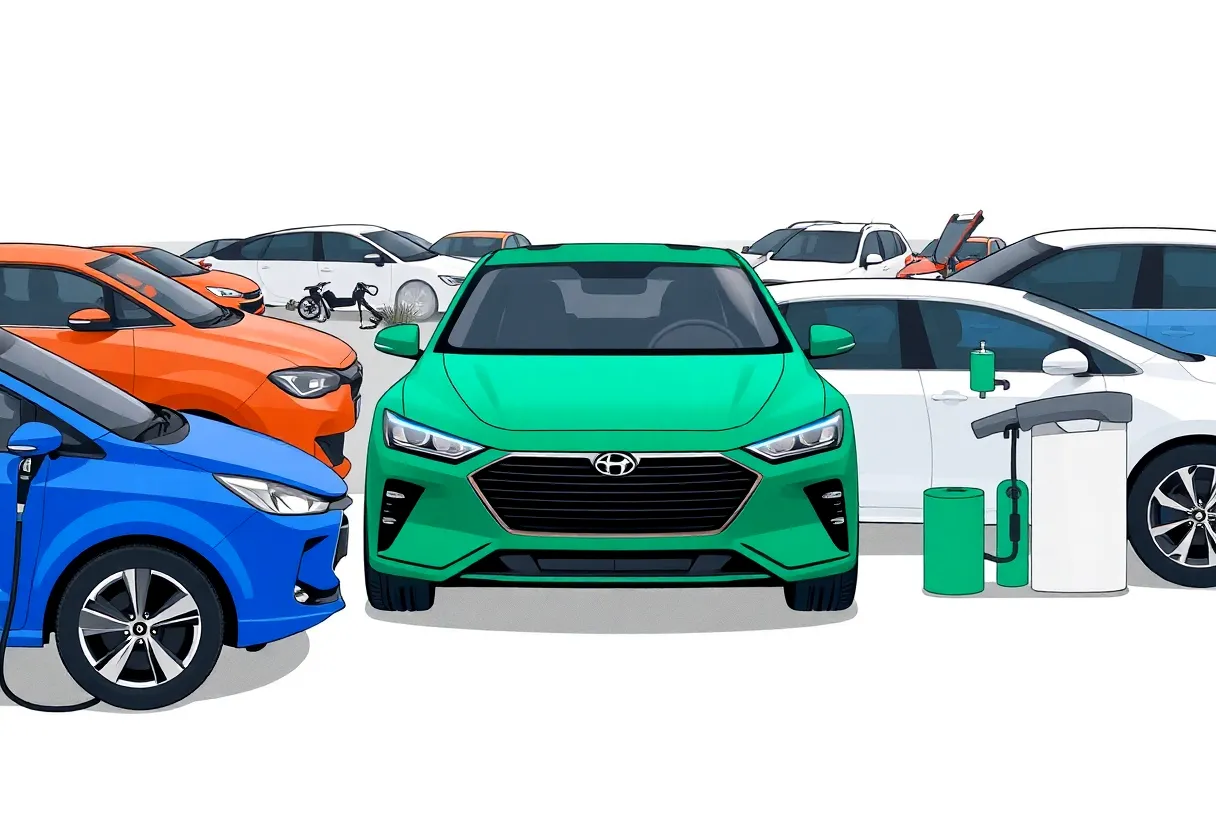 Illustration showing various types of vehicles including gas-powered and electric cars.