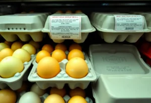 Egg cartons with a recall notice in the grocery aisle