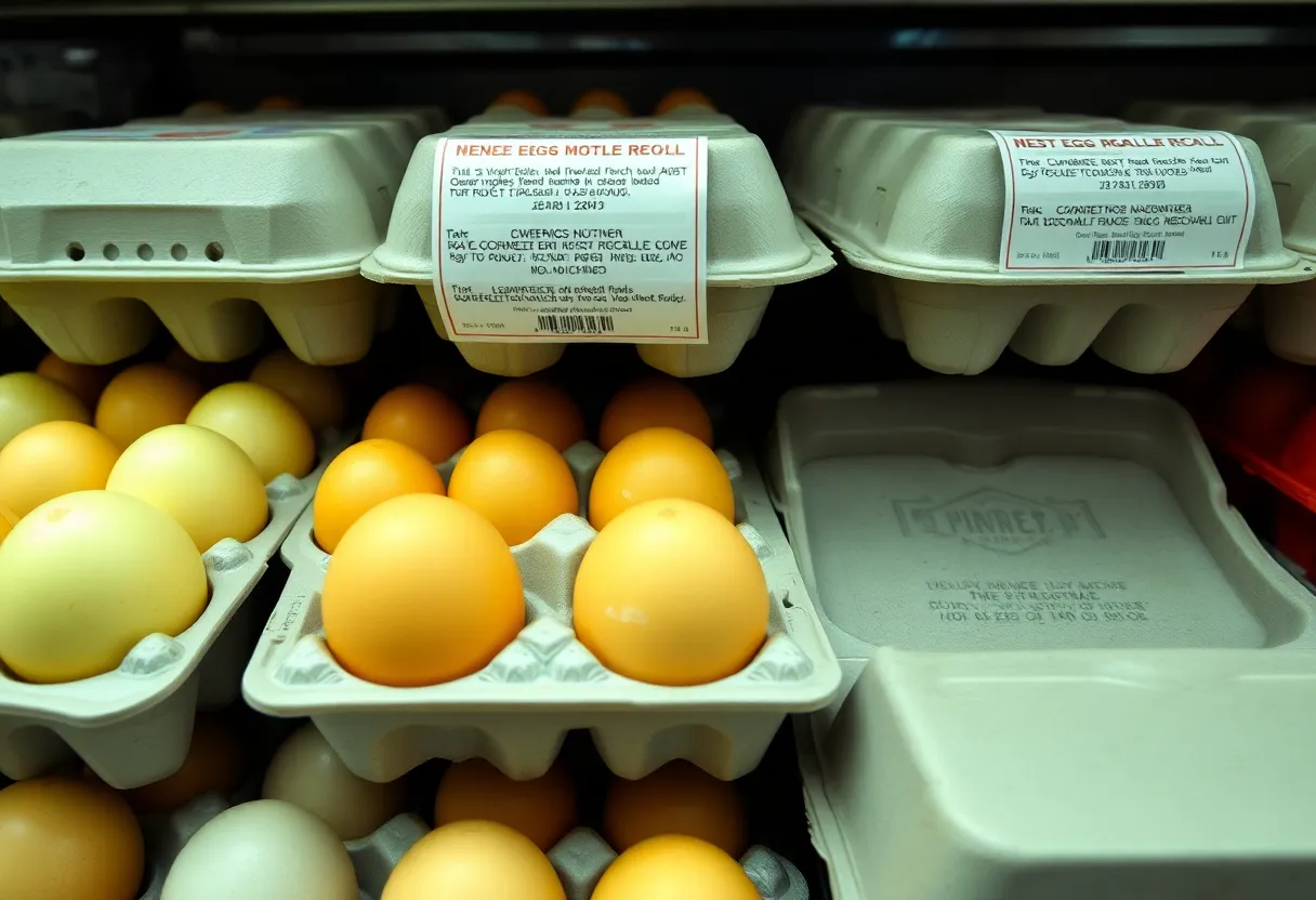 Egg cartons with a recall notice in the grocery aisle