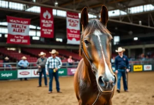 Health alert sign at rodeo concerning EHV-1 outbreak