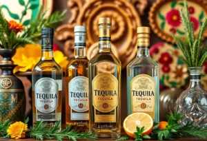 Display of El Perrito Tequila bottles with a festive decor background