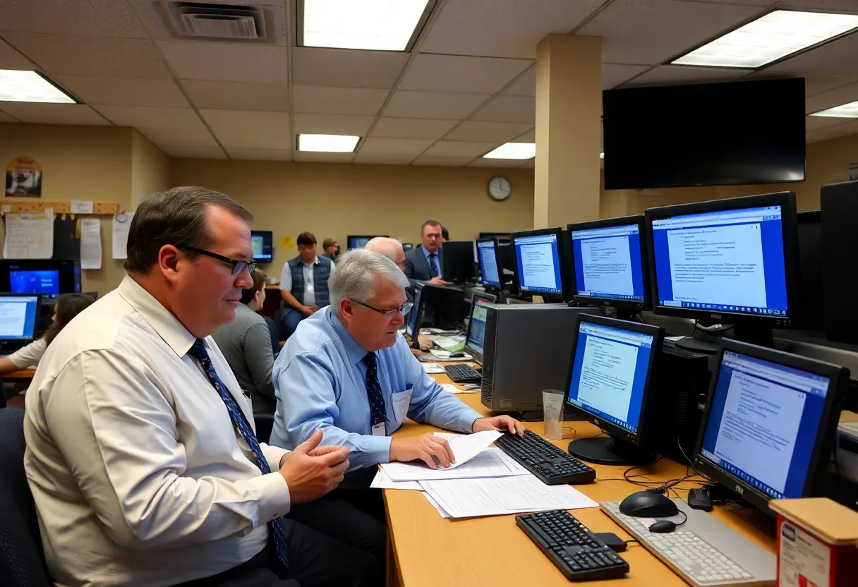 Officials working at an election office with computer glitches