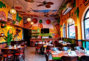Esencia restaurant interior showcasing vibrant decor and a mural