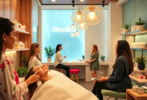 Interior of Face Foundrié facial bar with customers receiving skincare services.