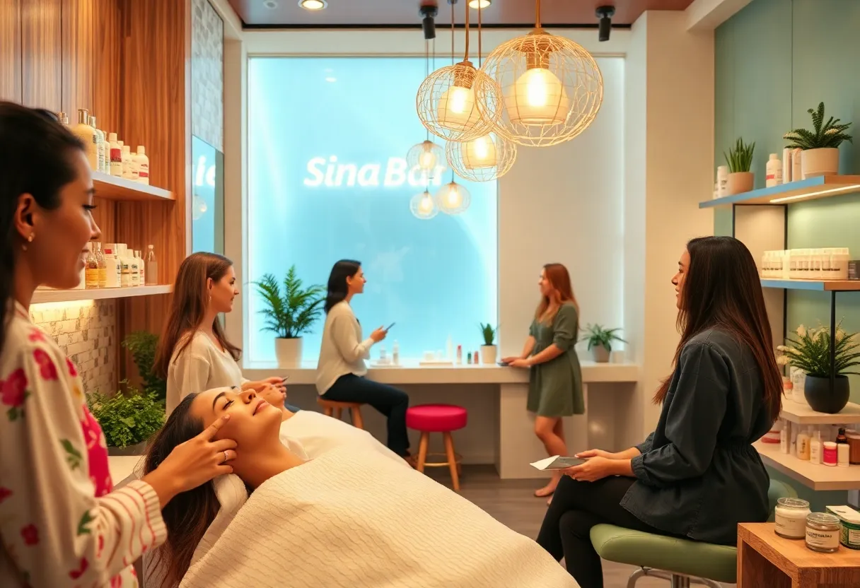 Interior of Face Foundrié facial bar with customers receiving skincare services.