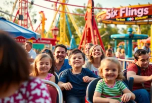 Families having fun at various Six Flags parks with attractions in background