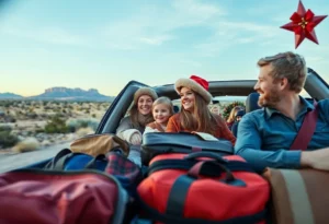 Family on a holiday road trip with packed car in Texas landscape