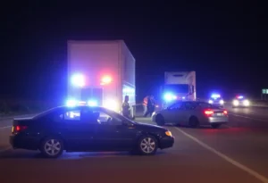 Scene of a fatal car crash involving a sedan and an 18-wheeler