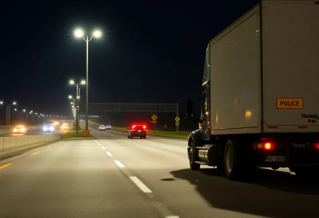 Scene of a fatal crash on SE Loop 410 with a parked 18-wheeler and police presence.