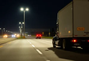 Scene of a fatal crash on SE Loop 410 with a parked 18-wheeler and police presence.