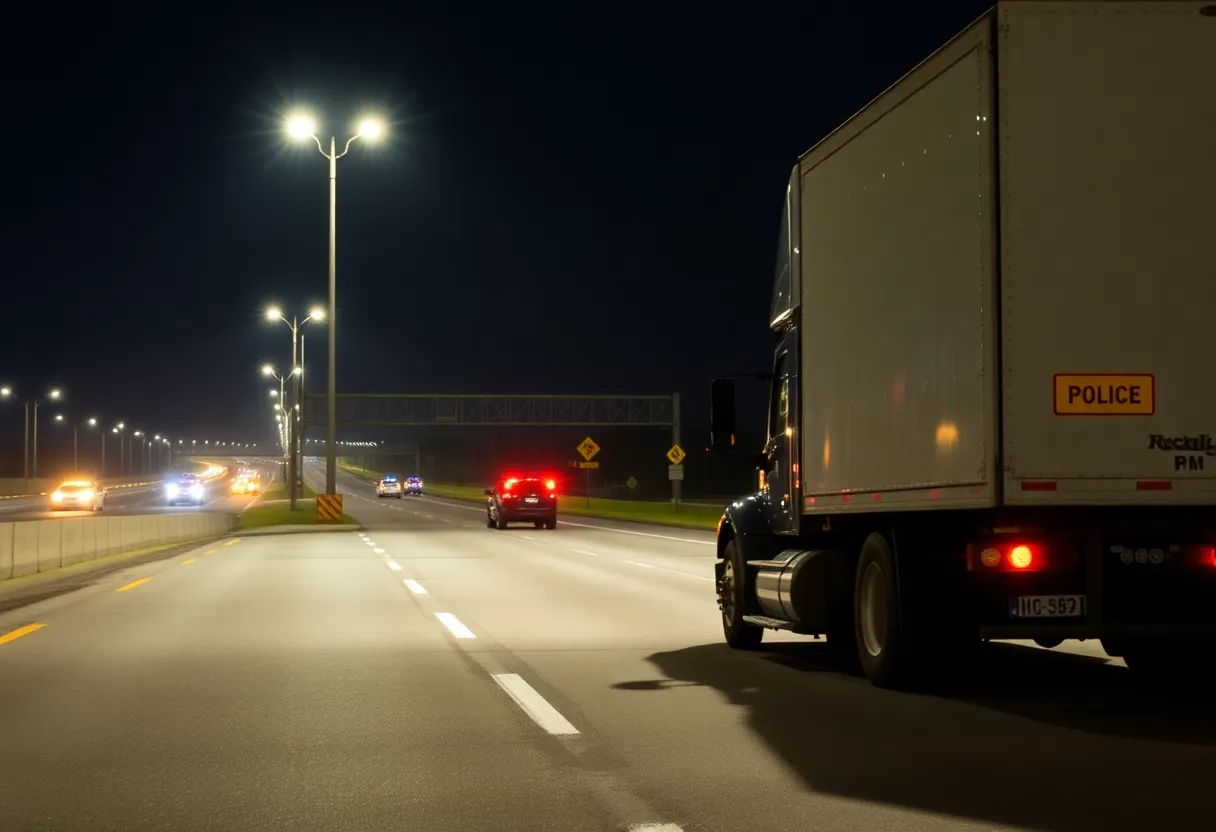Scene of a fatal crash on SE Loop 410 with a parked 18-wheeler and police presence.