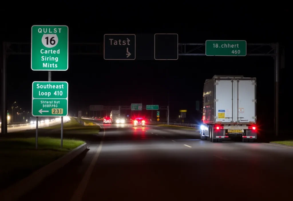 Scene of a car accident on Southeast Loop 410 involving a parked 18-wheeler.