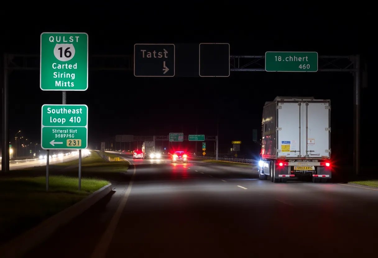 Scene of a car accident on Southeast Loop 410 involving a parked 18-wheeler.