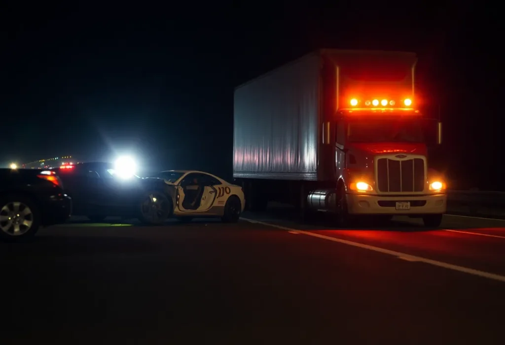 Scene of a fatal crash on Southeast Loop 410 with an emergency vehicle present.