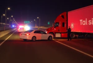 Scene of a fatal crash involving a sedan and an 18-wheeler on Southeast Loop 410.