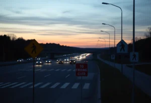 Scene depicting the I-35 highway with safety signs