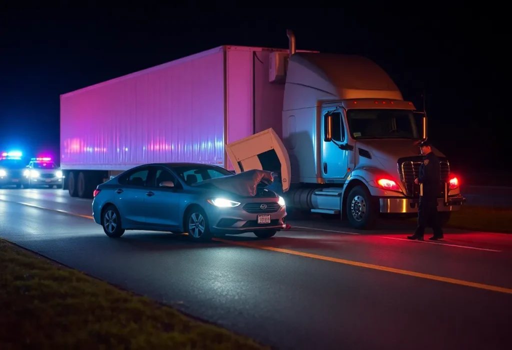 Road accident scene with a sedan and a parked 18-wheeler