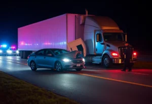 Road accident scene with a sedan and a parked 18-wheeler
