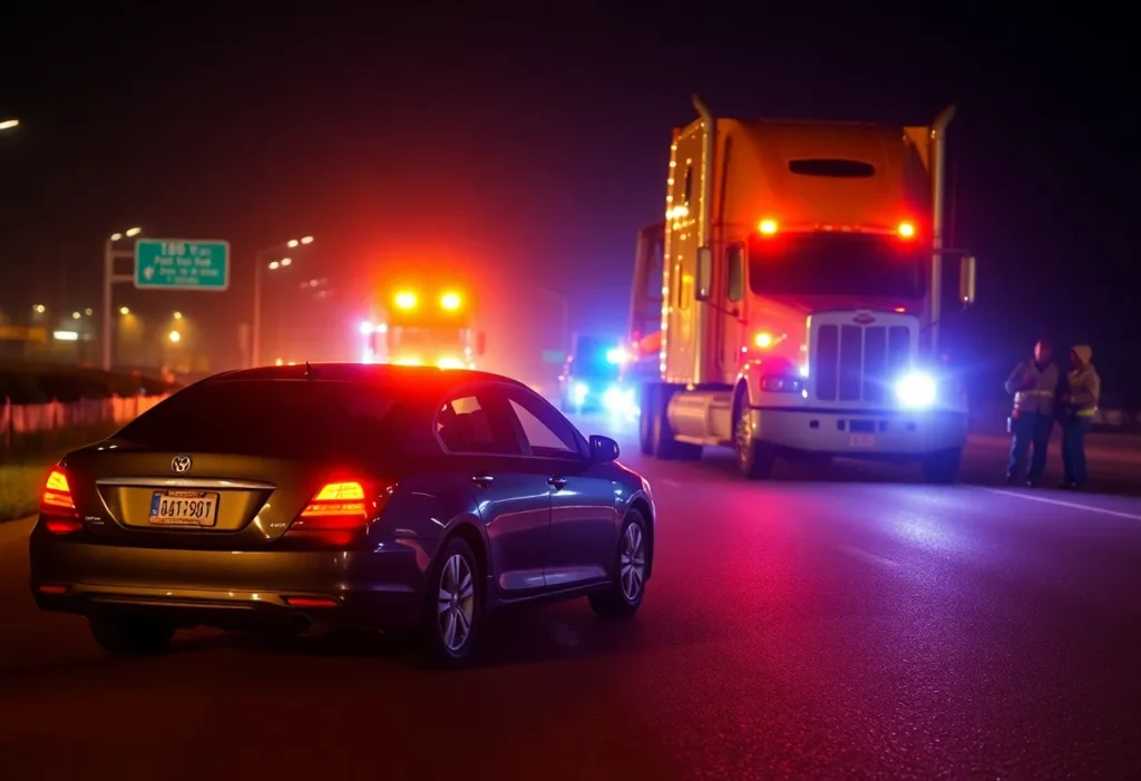 Scene of a fatal crash on Southeast Loop 410 involving a sedan and a parked 18-wheeler.