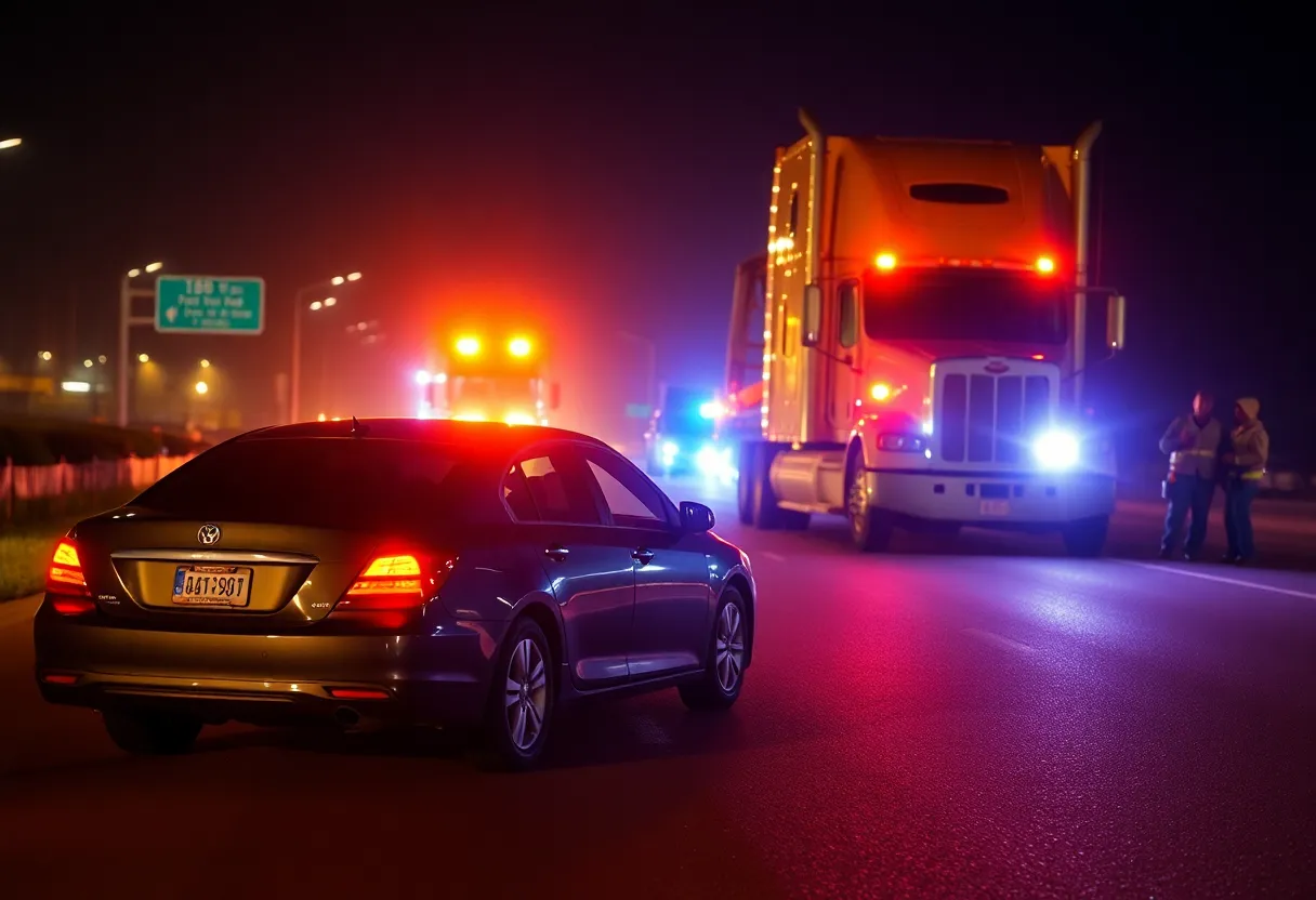 Scene of a fatal crash on Southeast Loop 410 involving a sedan and a parked 18-wheeler.
