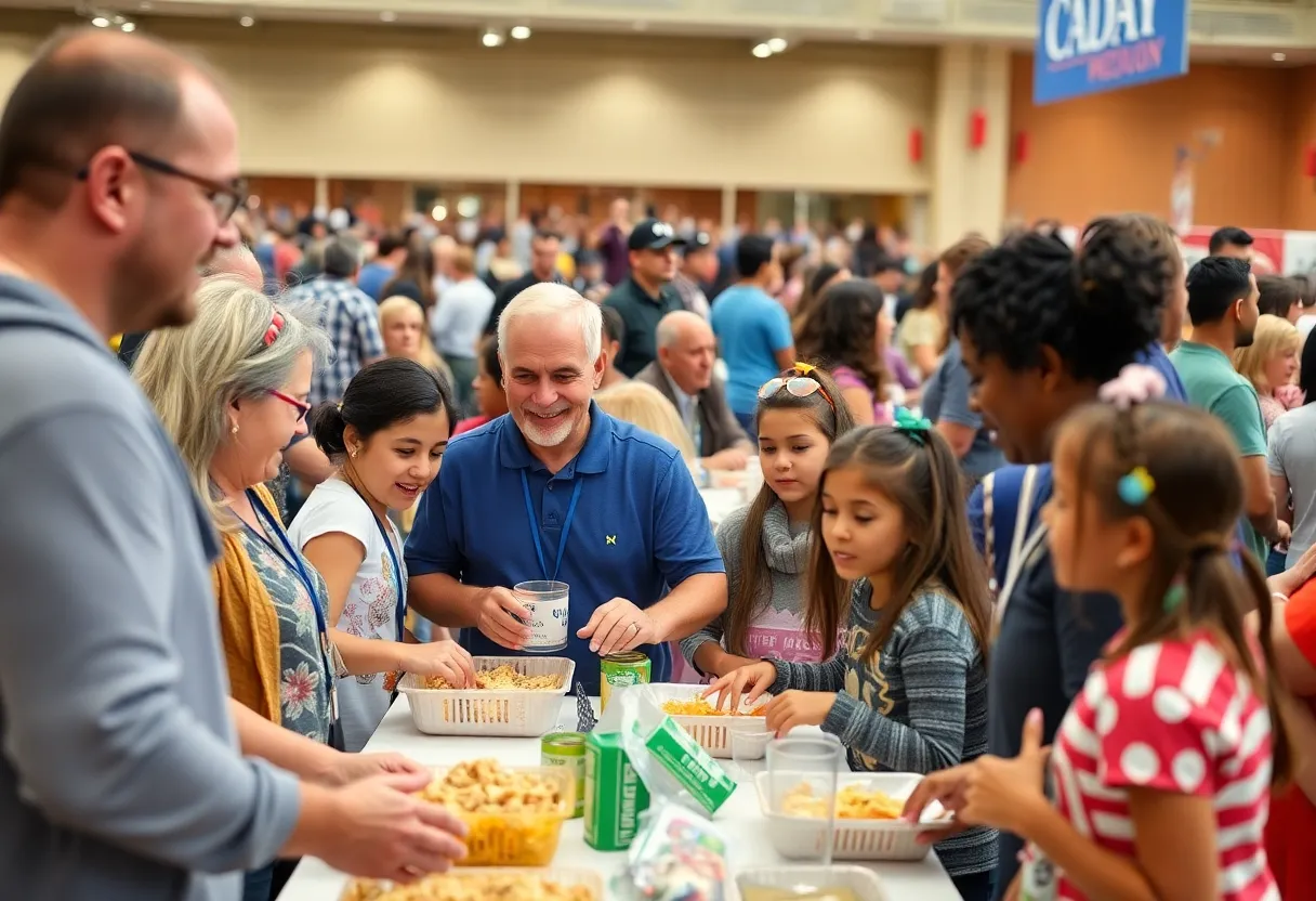 Families enjoying the Feast of Sharing event with food and music.