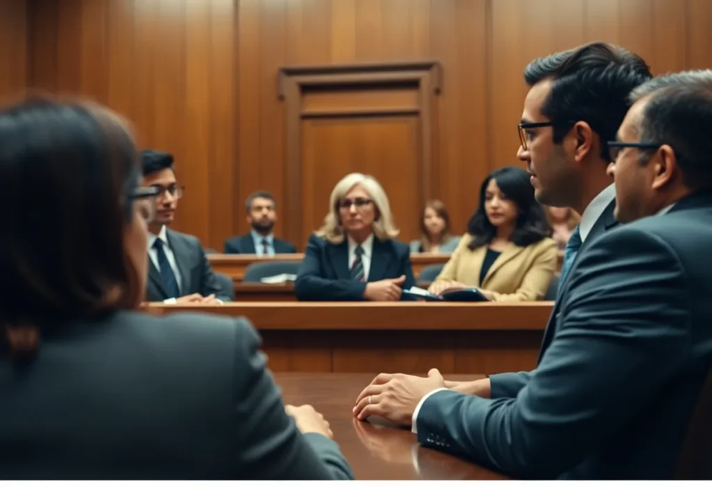 Attorneys discussing immigration laws in a courtroom setting