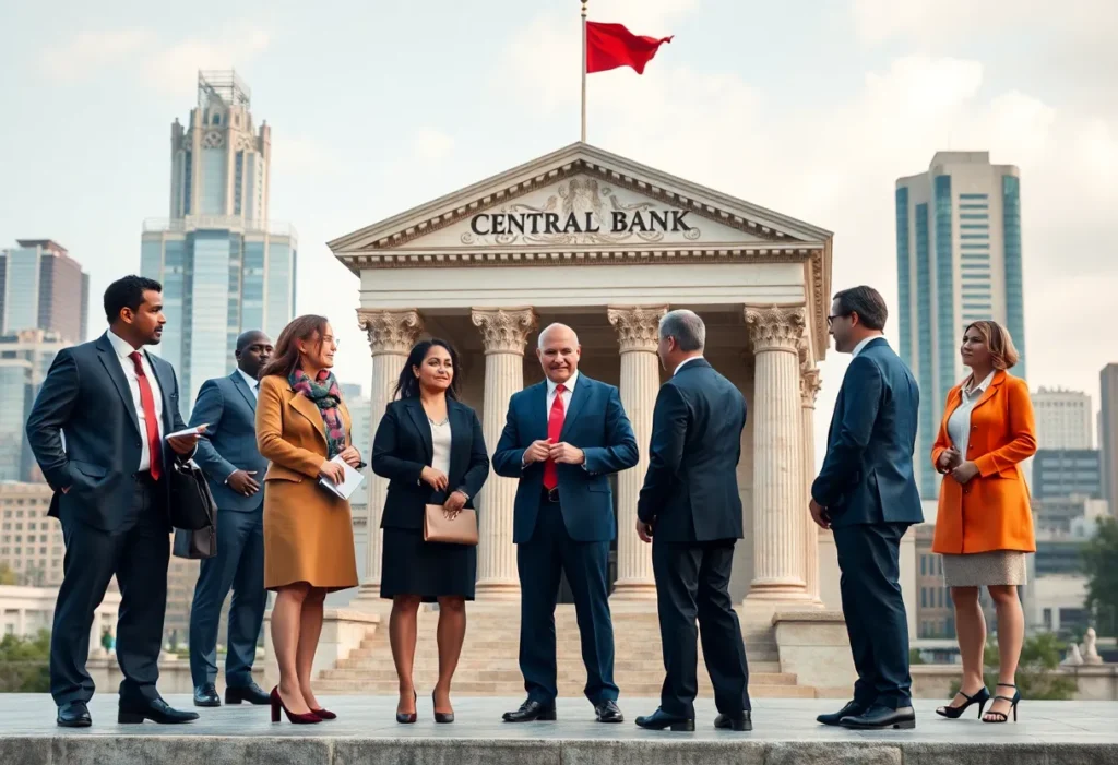 Business meeting discussing Federal Reserve policies and independence